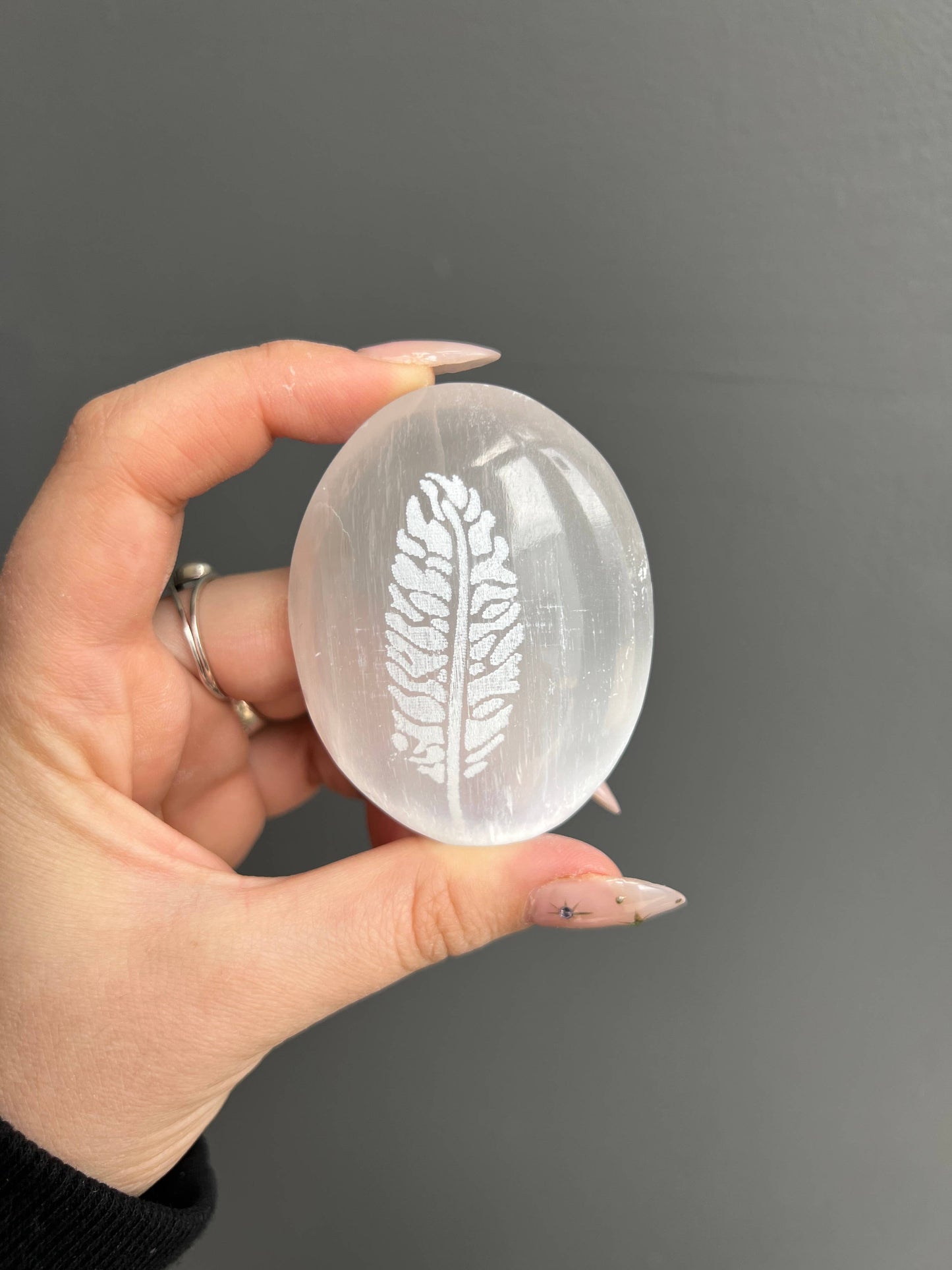 Etched Feather Selenite Crystal Palm Stone
